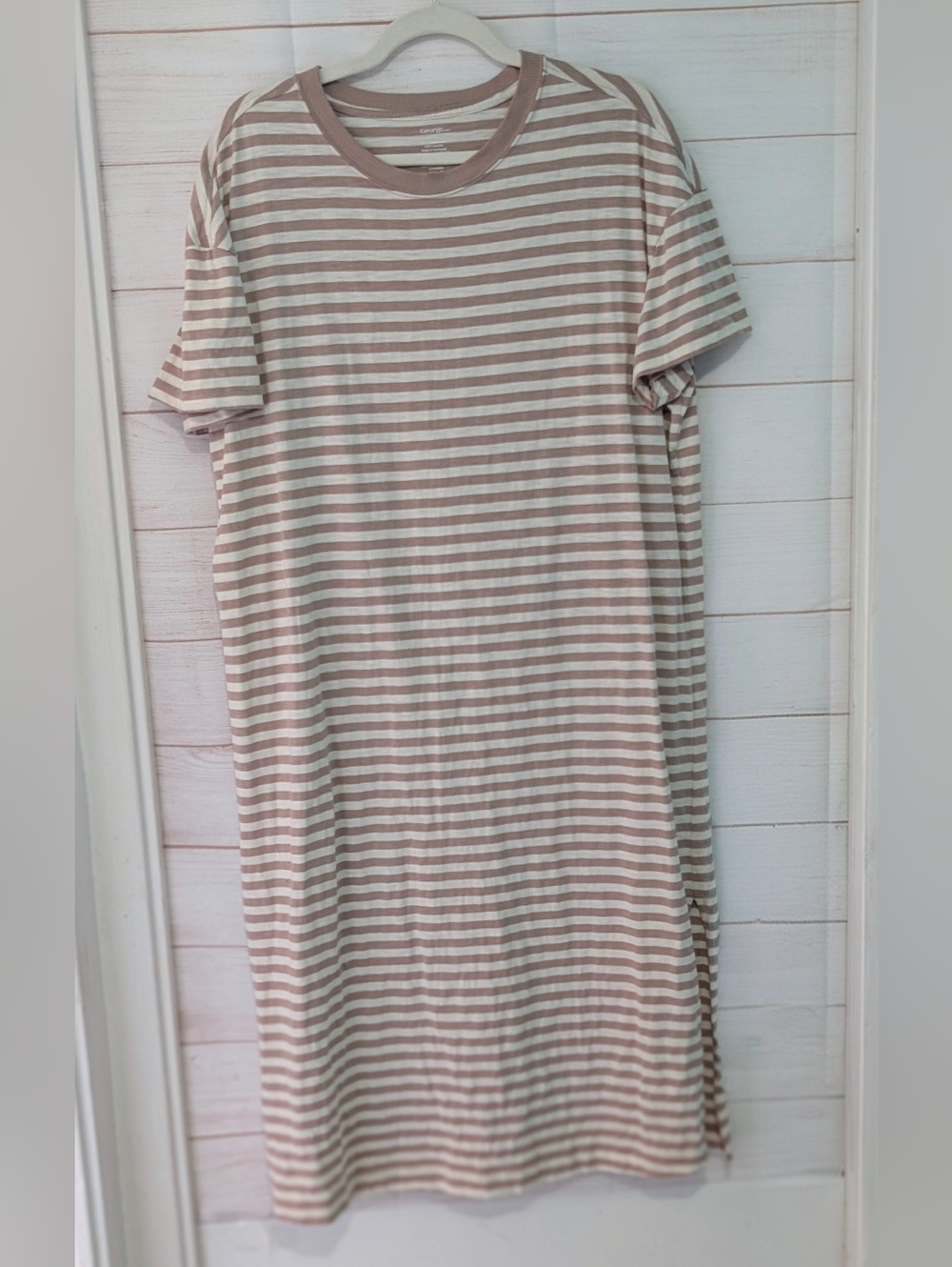 George Taupe and White Striped Maxi Tshirt Dress Size XL